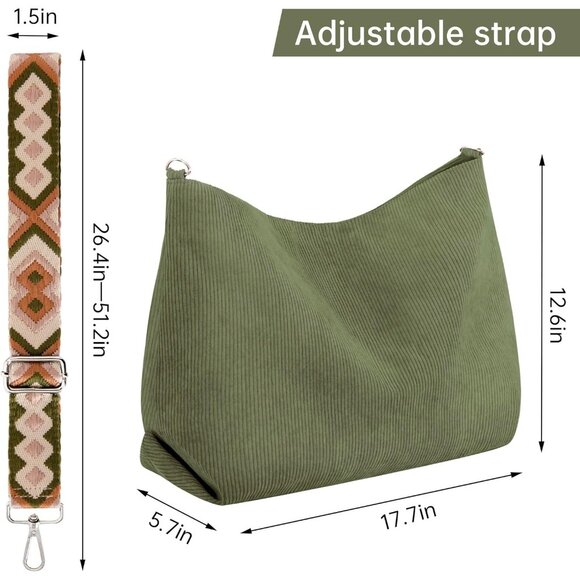 Women’s Green Corduroy Tote Shoulder Bag with Adjustment Straps And Zipper - Picture 4 of 7